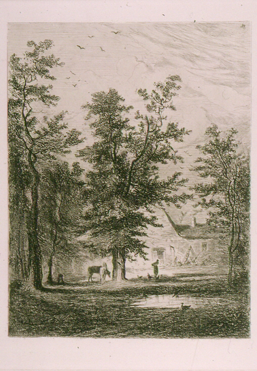 paisaje. casa de labranza o paisaje con dos grandes Árboles