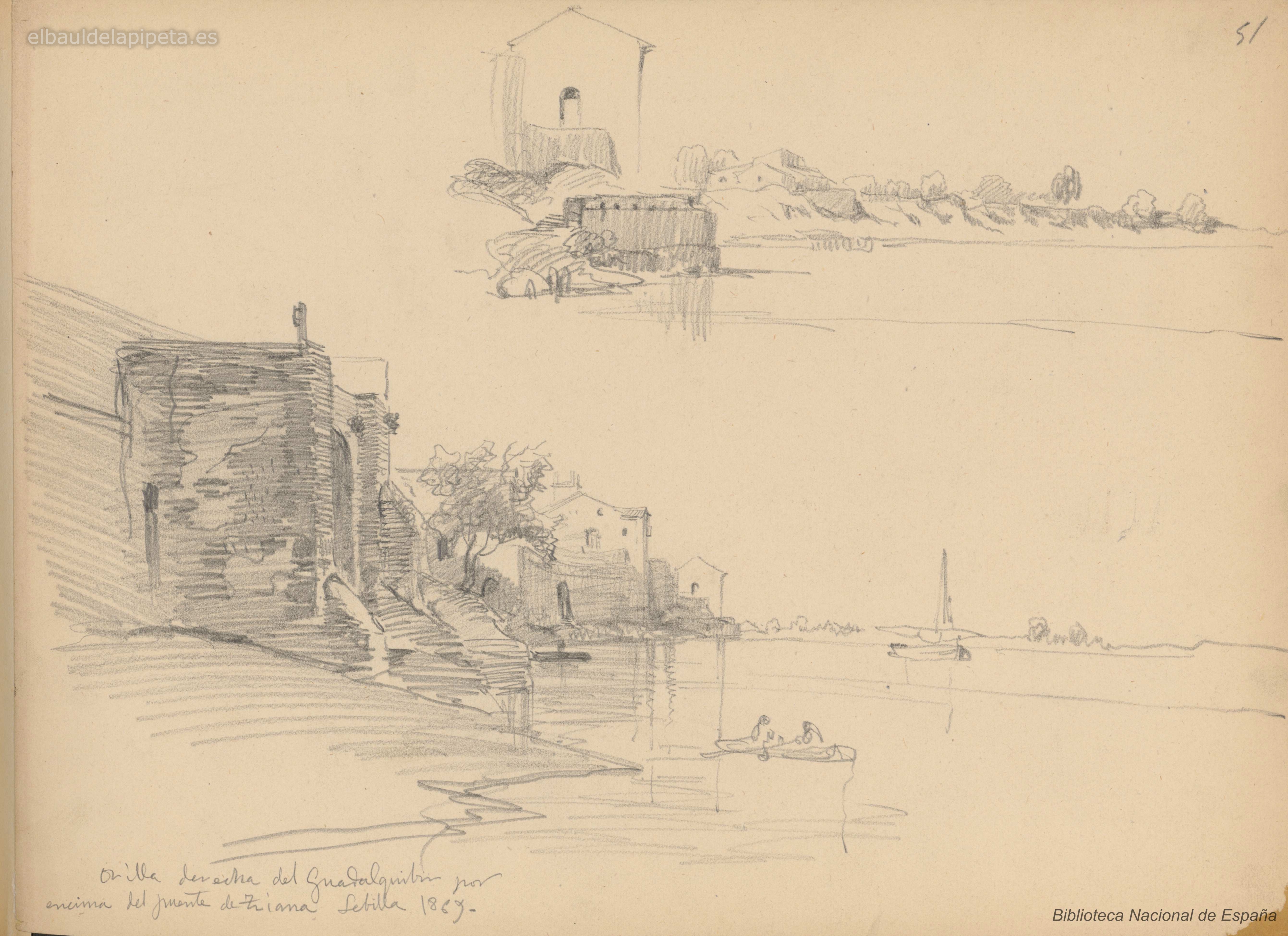 orilla derecha del guadalquivir por encima del puente de triana septirmbre de 1869