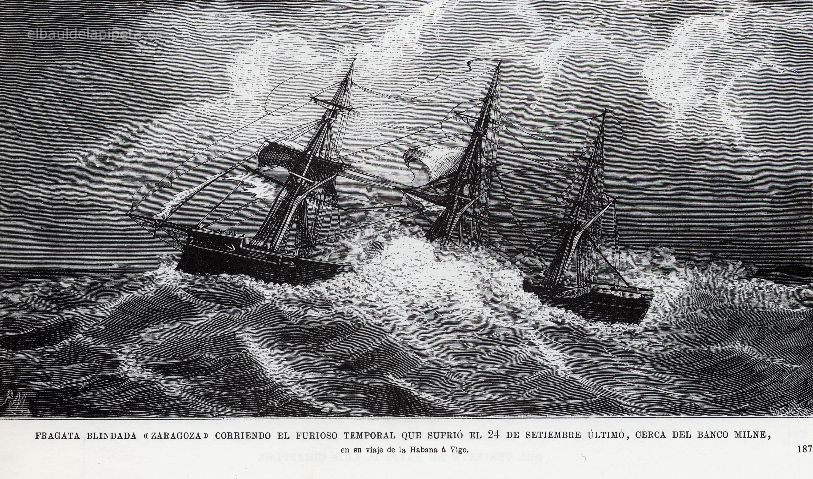 fragata zaragoza corriendo un temporal que sufriÓ el 24 de septiembre Último cerca del banco milne en su viaje de la habana a vigo