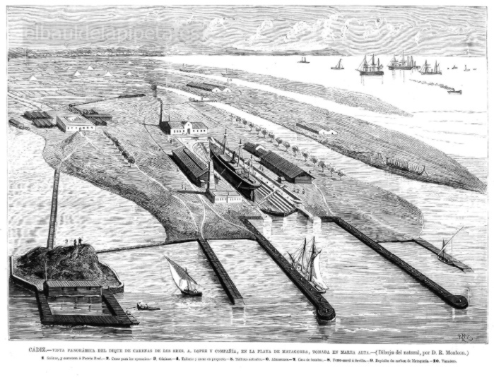 cÁdiz. vista panorÁmica del muelle de carenas de los sr a. lÓpez y compaÑÍa en la playa de matagorda como se la ve en marea alta