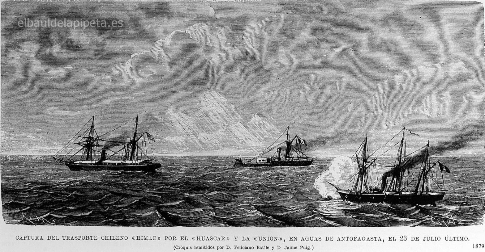 guerra chile - bolivia - perÚ. captura del transporte chileno rÍmac por el huÁscar y la uniÓn en aguas de antofagasta el 23 de julio ultimo